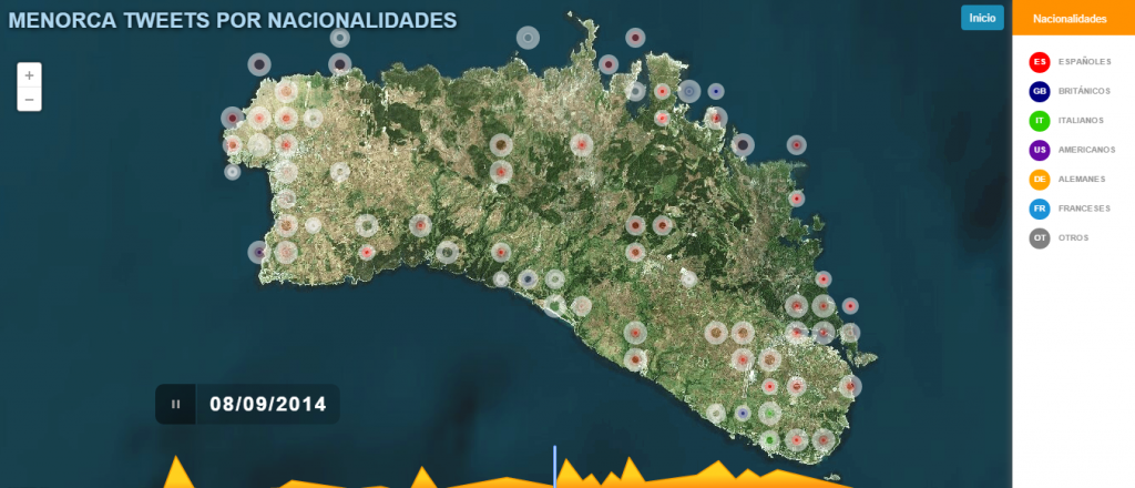 Mapa de Menorca segons la nacionalitat dels usuaris de Twitter que més mencionen l'illa