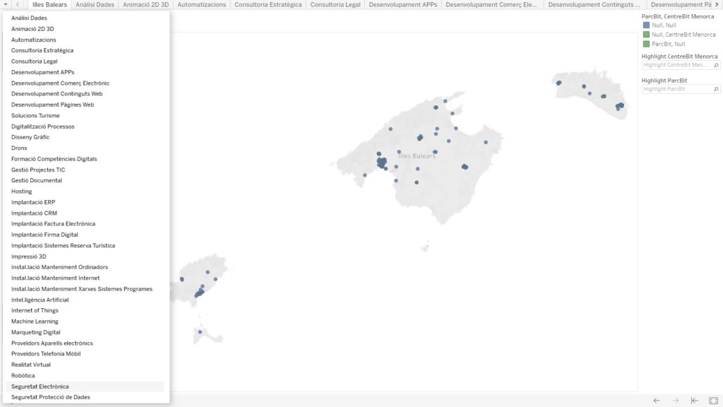 Mapa Empresas TIC Islas Baleares. Haz clic en el mapa y podrás realizar búsquedas para tipos de servicios y tecnologías utilizando los filtros.