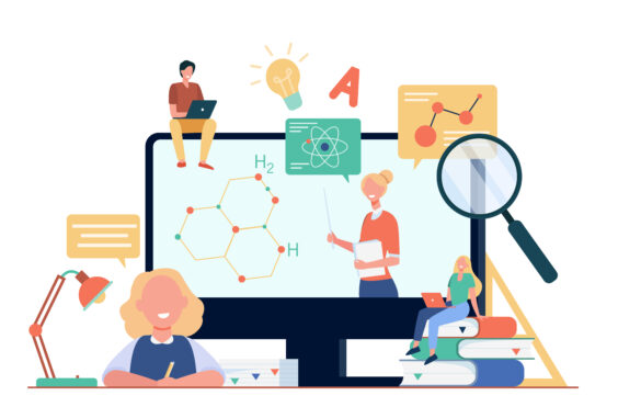 Happy students or pupils watching study webinar Imagen de pch.vector en Freepik
